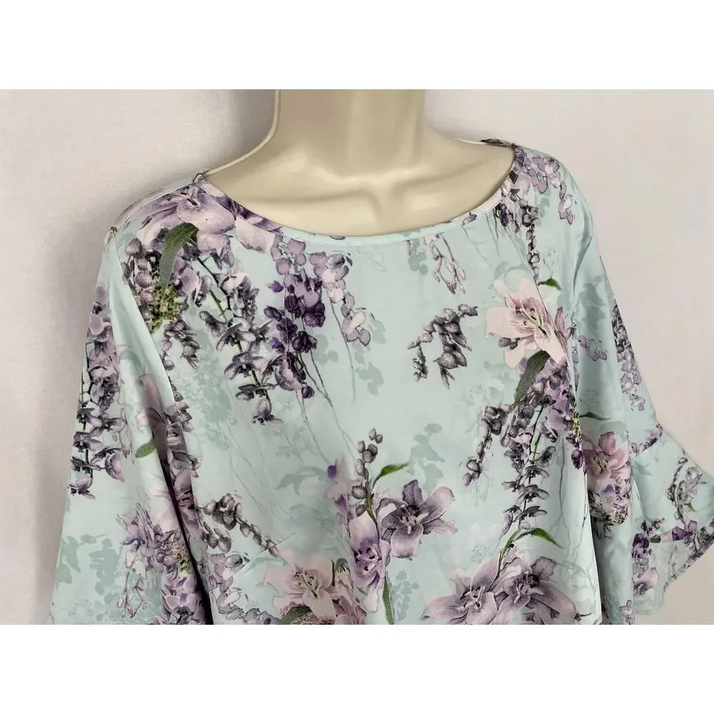 Belle Kim Gravel Top Large Blue Floral Flutter Sleeve Pastel Garden Boho A307916 - Picture 2 of 13